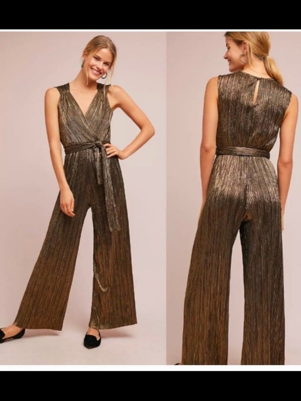 Vanessa VirginiaxAnthropologie Sleeveless Metallic Pleated Jumpsuit Black Gold M